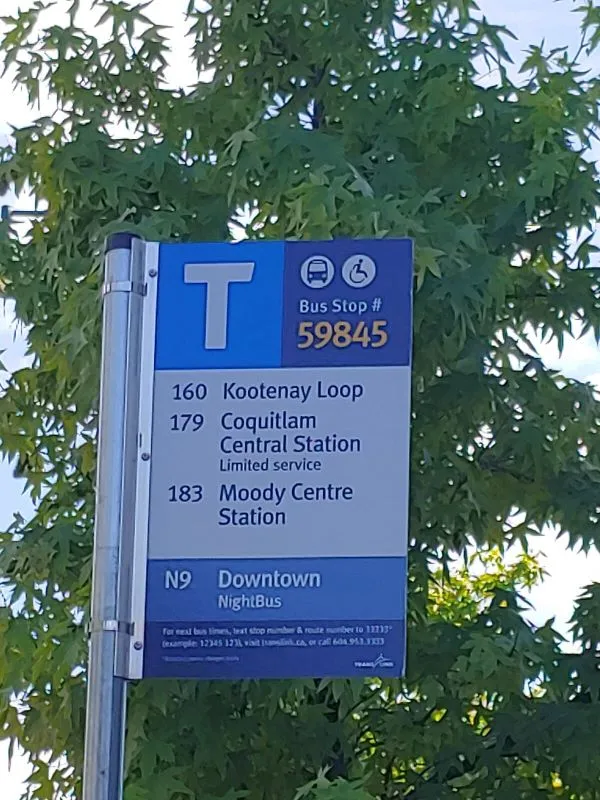 Bus stop at Ioco Rd. at Suter Brook Way, showing route #160, #179, #183 & N9