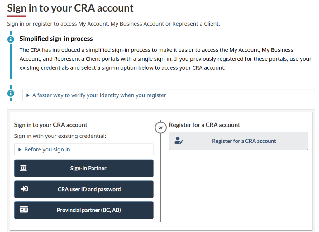 CRA account login portal