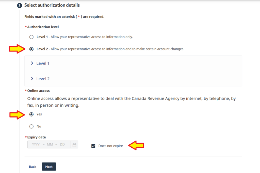 Authorization options on CRA MyAccount service